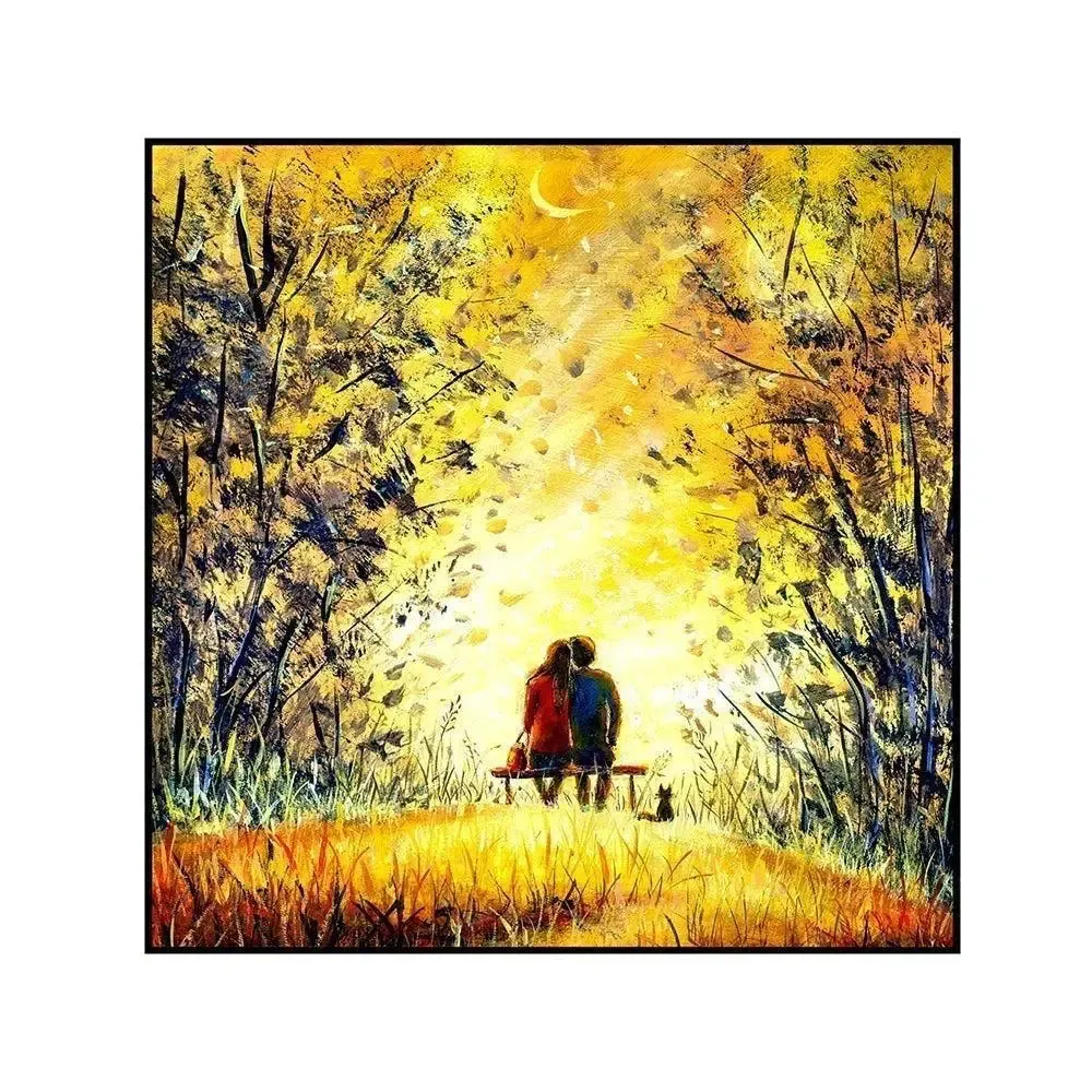 Romantic Couple At Night Canvas Painting With Black Floating Frame Size: 57 cm (H) X 57 cm (W)