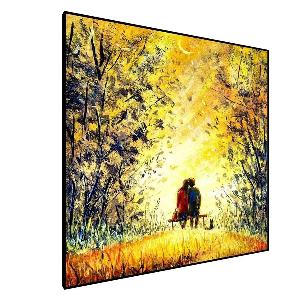 Romantic Couple At Night Canvas Painting With Black Floating Frame Size: 57 cm (H) X 57 cm (W)