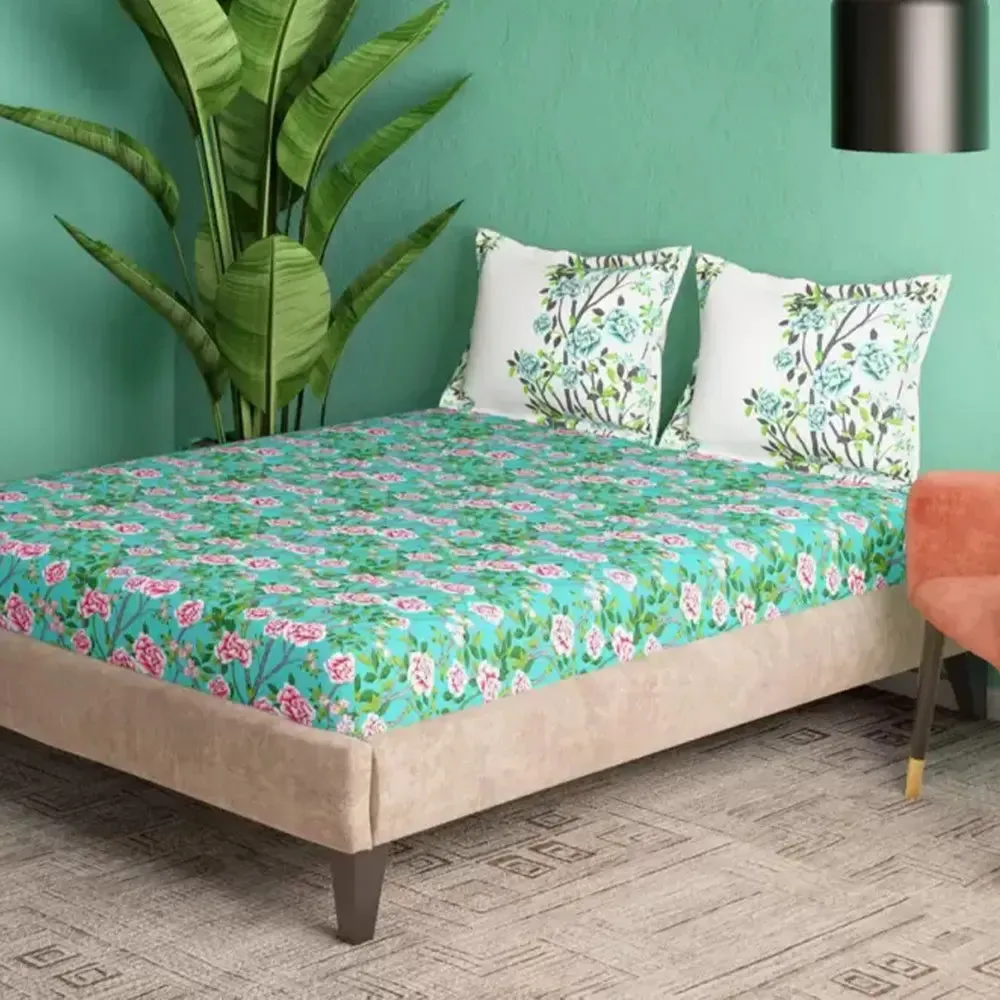 Rose Floral Printed Magnum Cotton King Size Bedsheet with 2 Pillow Covers - 300 Thread Count (Green)