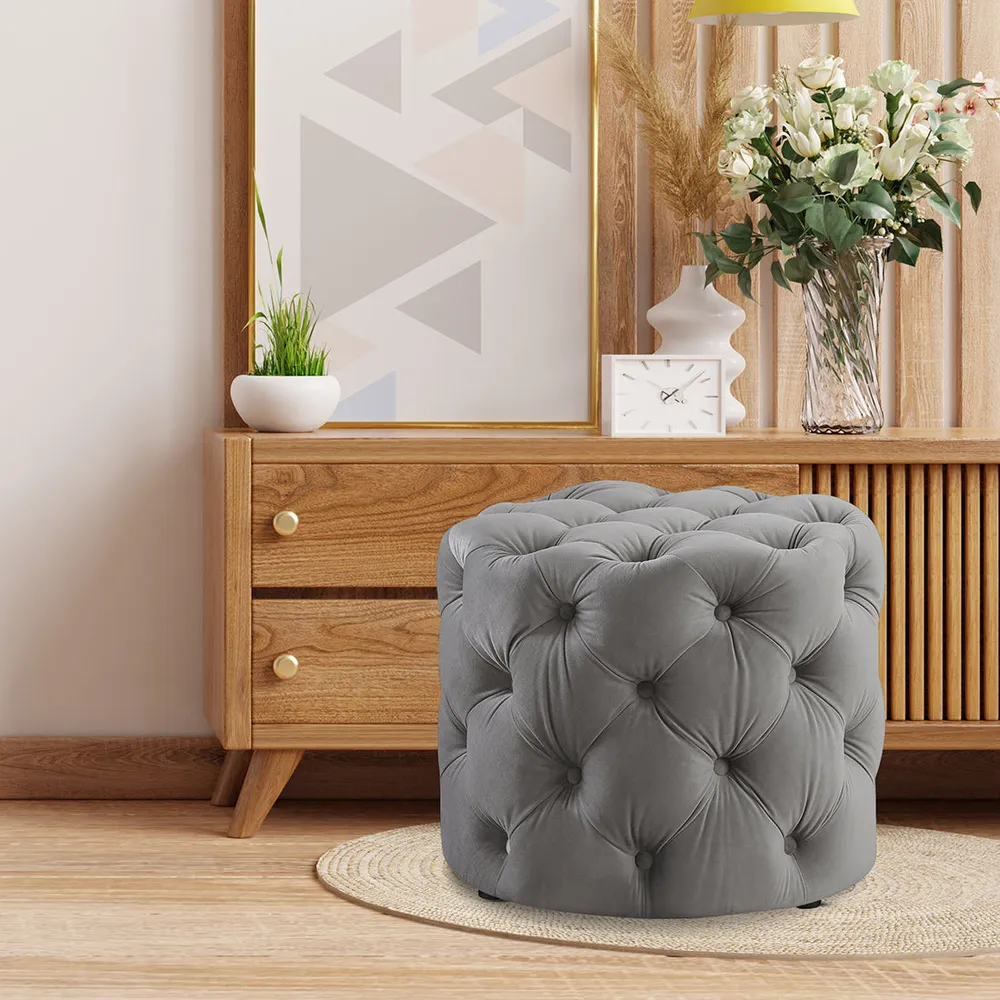 Round Velvet Tufted Solid Puffy Stool In Grey