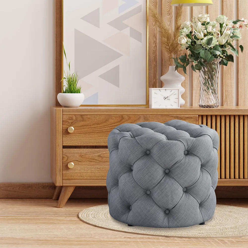 Round Velvet Tufted Solid Puffy Stool In Light Grey