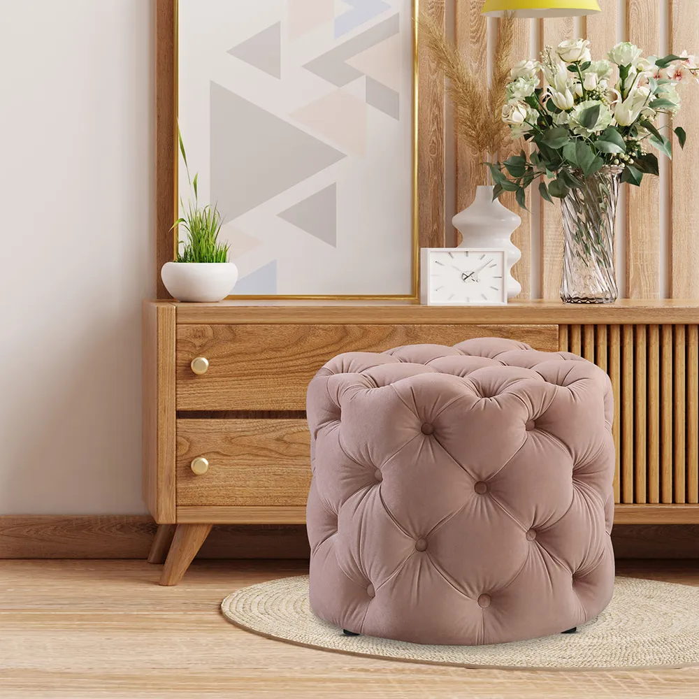 Round Velvet Tufted Solid Puffy Stool In Pink