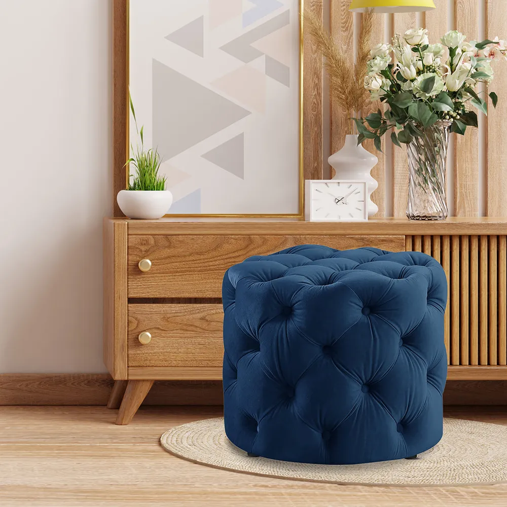 Round Velvet Tufted Solid Puffy Stool In Royal Blue