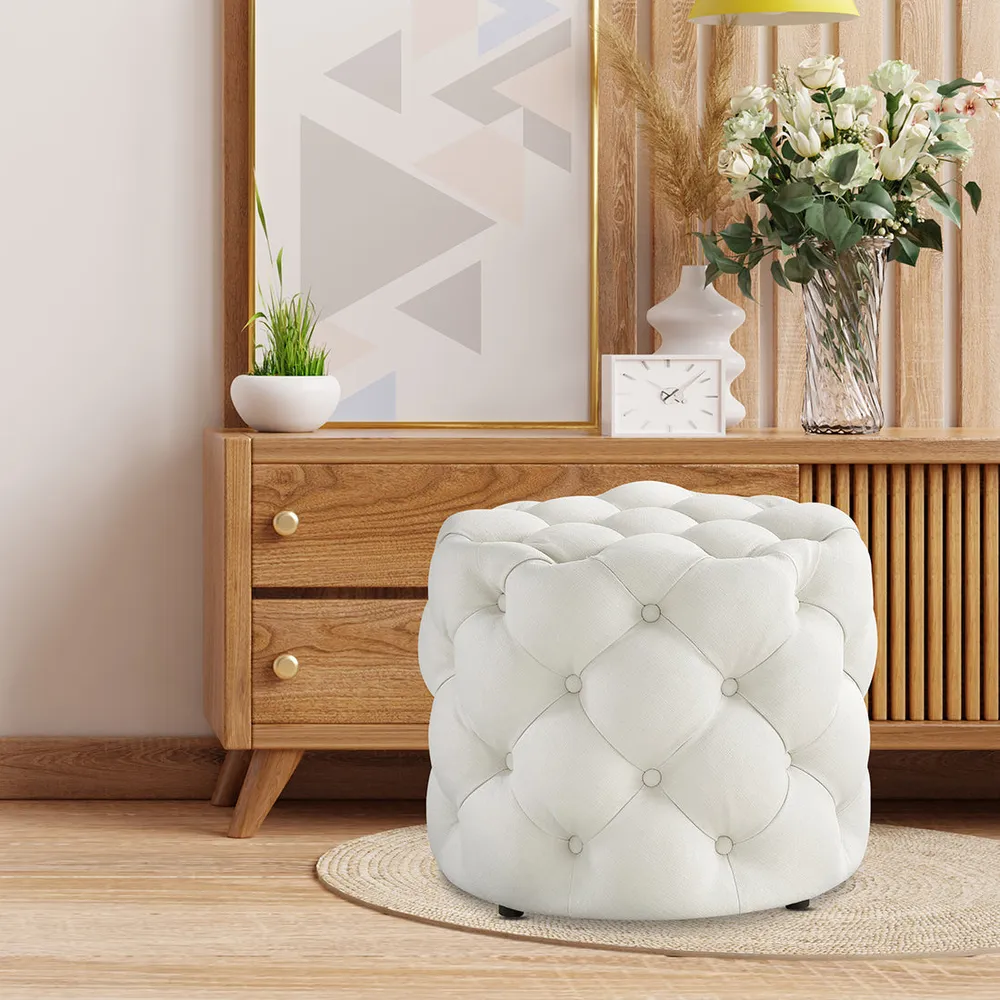 Round Velvet Tufted Solid Puffy Stool In White