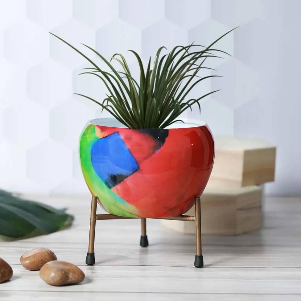 Royal Bright Red Resilient Metal Plant Pot With Stand Set Of 1