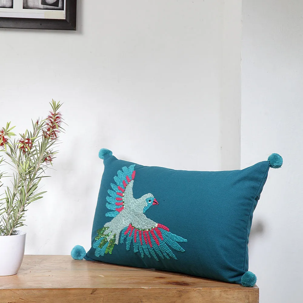 Royal Crest Embroidered Blue Rectangle 100% Cotton Cushion Cover with Pompoms Pack of 1