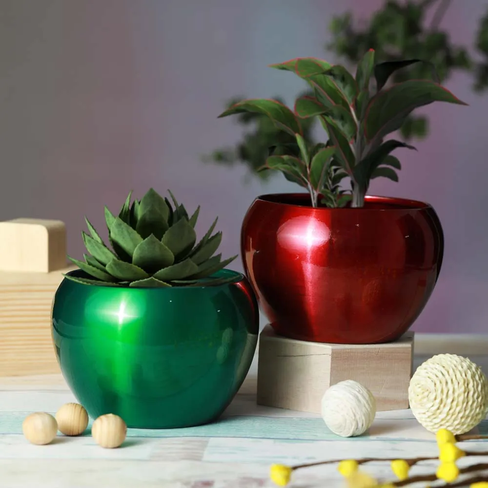 Royal Multi-Hued Resilient Metal Plant Pots With Stand Set Of 2