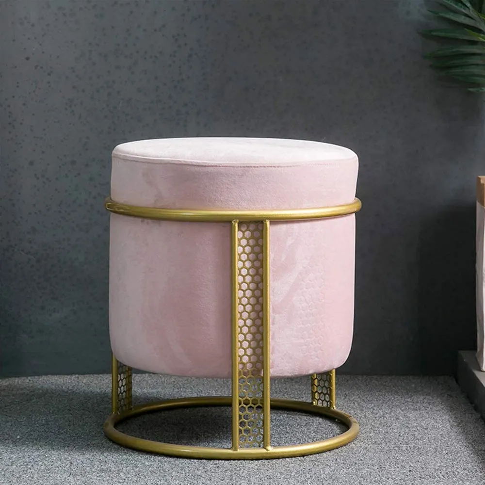Royal Pink Plush Metal Pouffe Stool