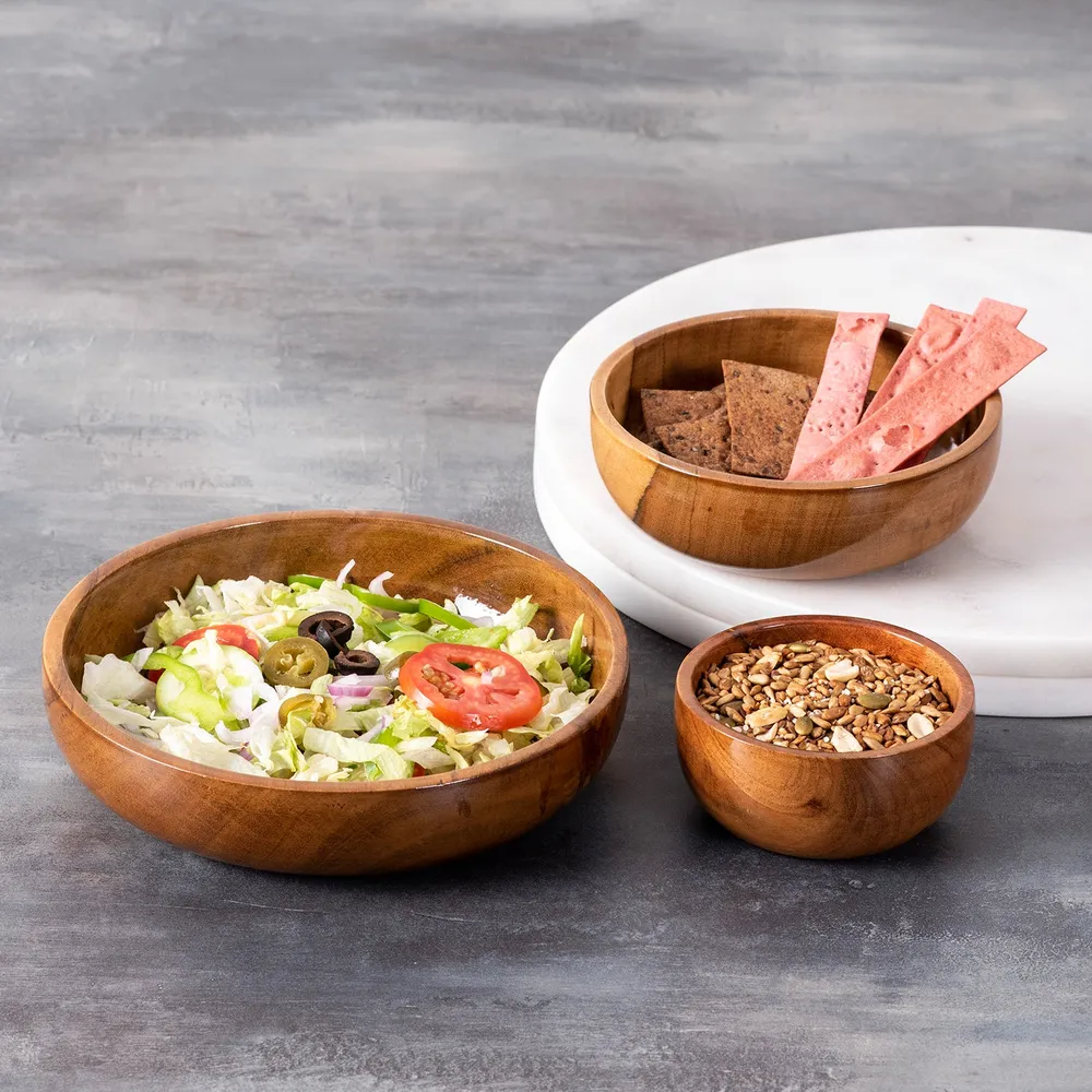 Rustic Brown Flat Wooden Serving Bowls Set Of 3