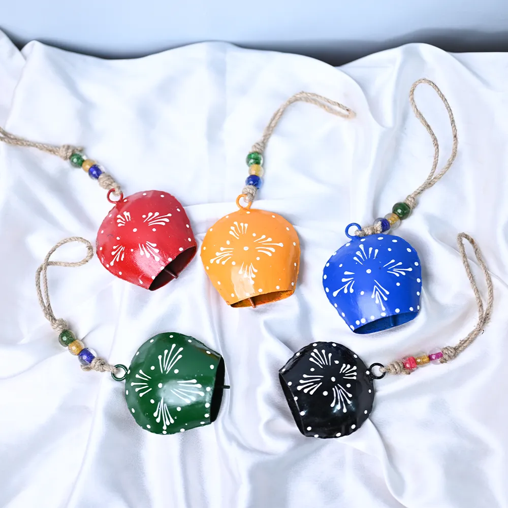Rustic Vintage Colorful Handmade Hanging Purse Cow Bell Set of 5
