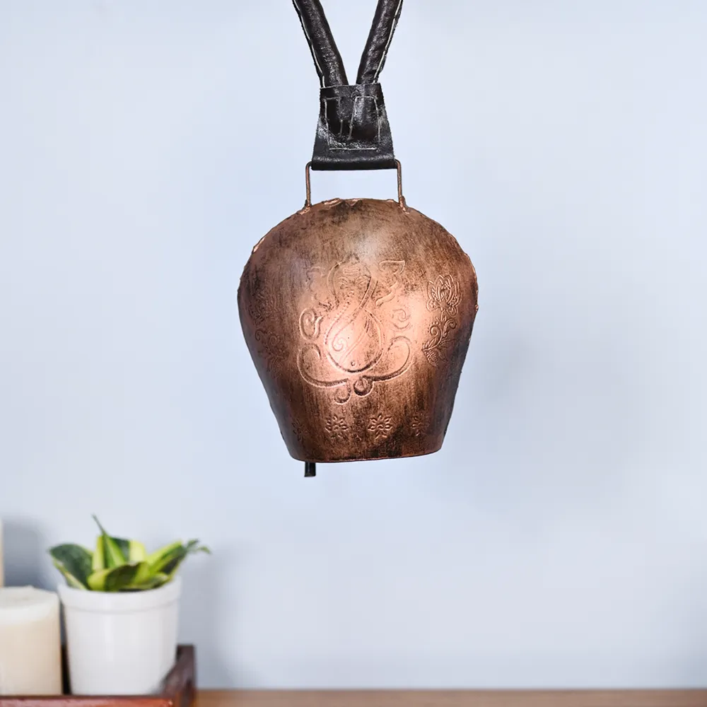 Rustic Vintage Handmade Ganesha Engraved Copper Hanging Garden Cow Bell Set Of 1