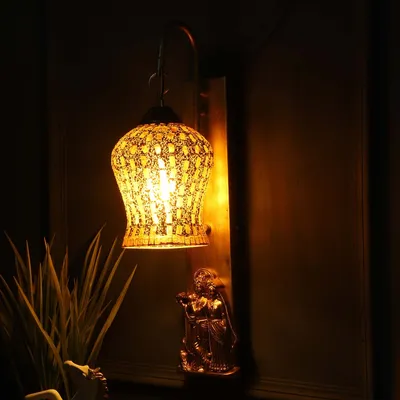 Rusty Golden Mosaic Glass With Radha Krishna Wall Light Fixture