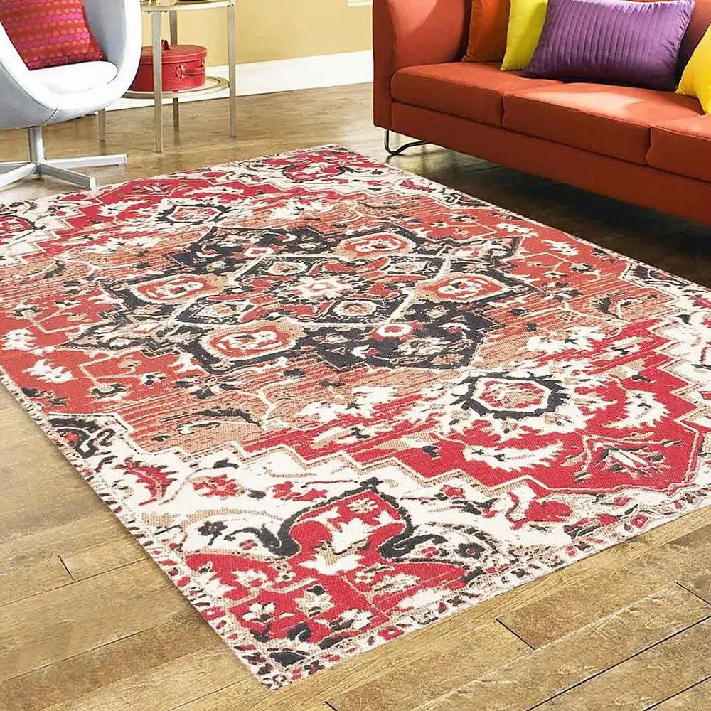 Rusty Red & Black Traditional Abstract Cotton Printed Area Carpet