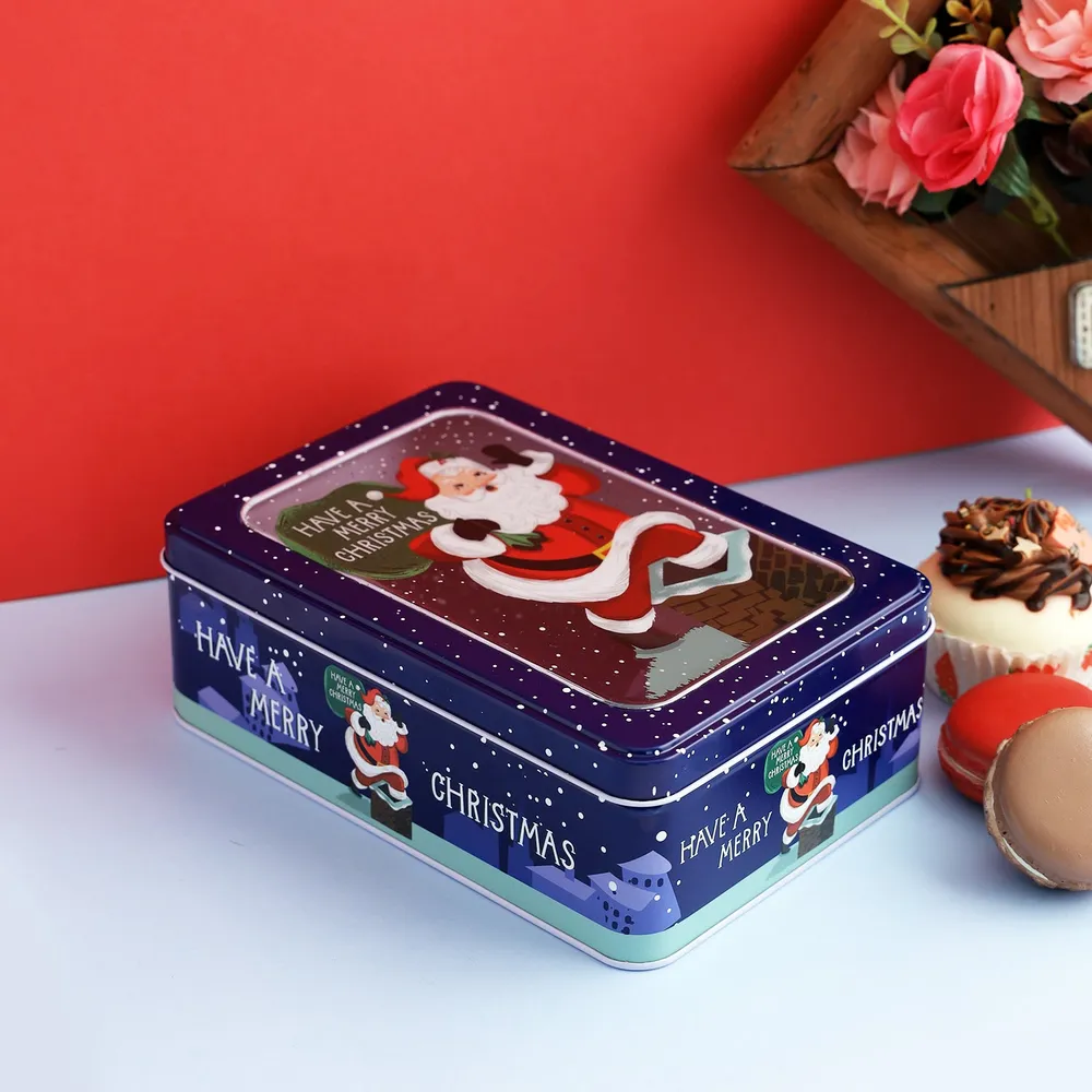 Santa In Snow Blue Cookie Box