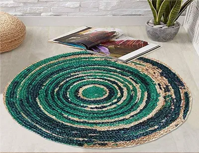 Sea Green & Blue Vibrant Patterned Round Jute Floormat