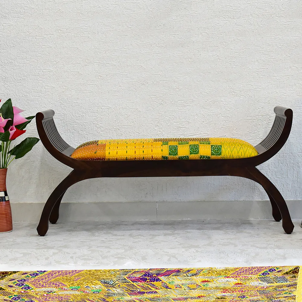 Senate Dark Brown Sheesham Wood With Yellow Gudri patchwork Settee Sofa