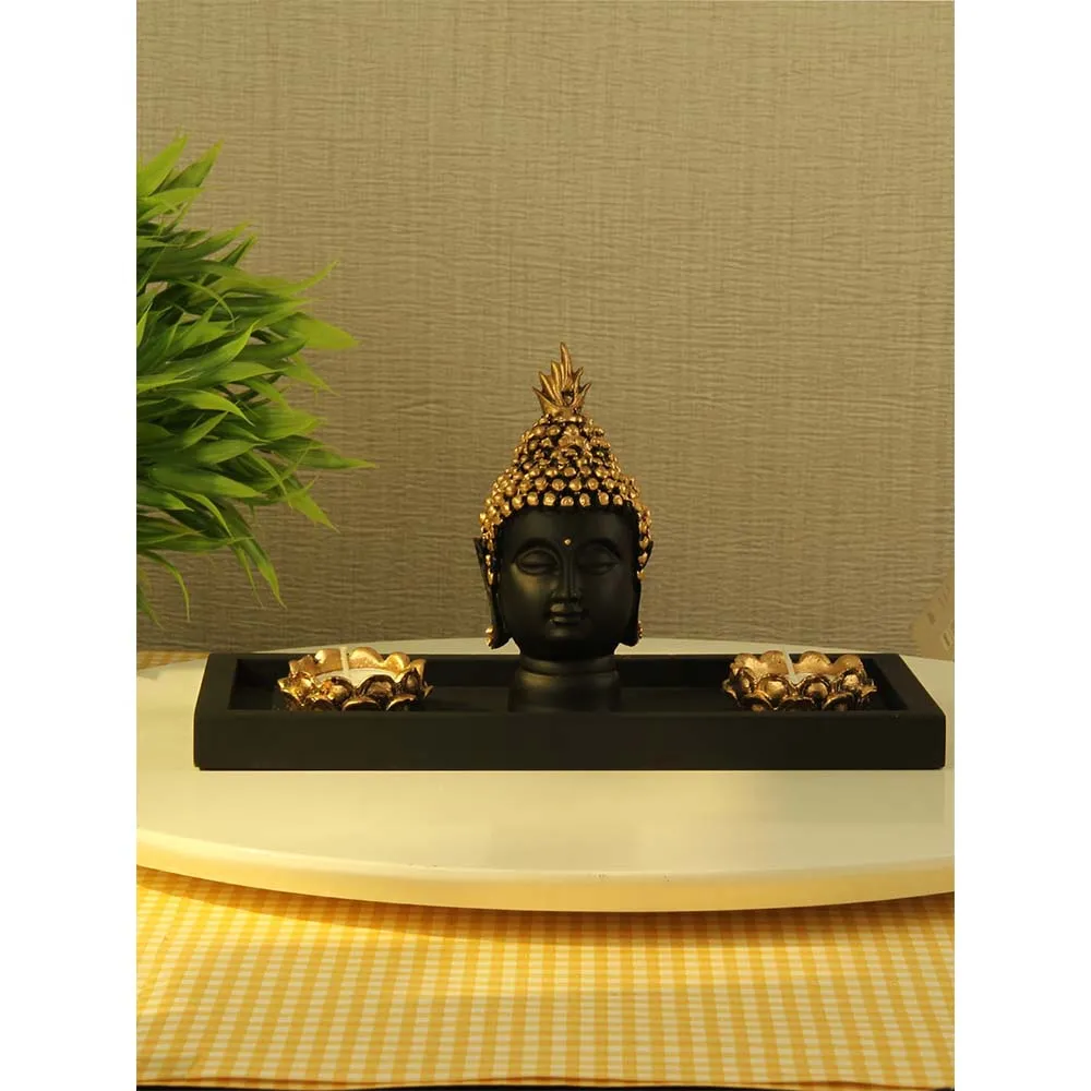Serenading Black Buddha With Golden Crown Showpiece With Wooden Tray & CandleHolder