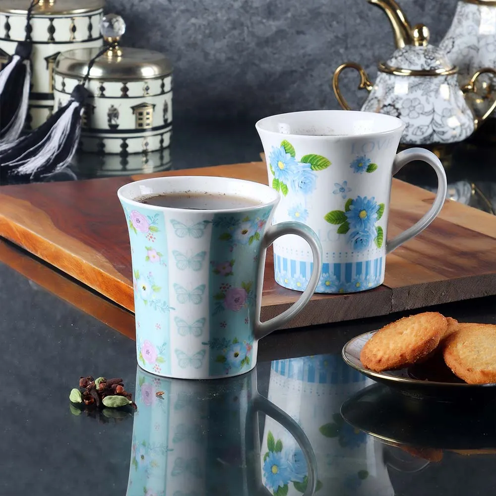 Set of 2 Classic White & Blue Floral Printed Premium Ceramic Mug Set in Glossy Finish
