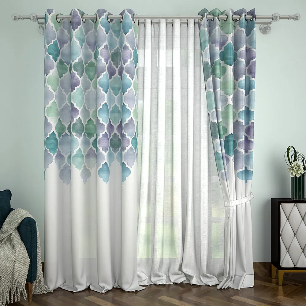Set of 2 Designer Moroccan Tile Printed Printed Eyelet Curtain- 260
