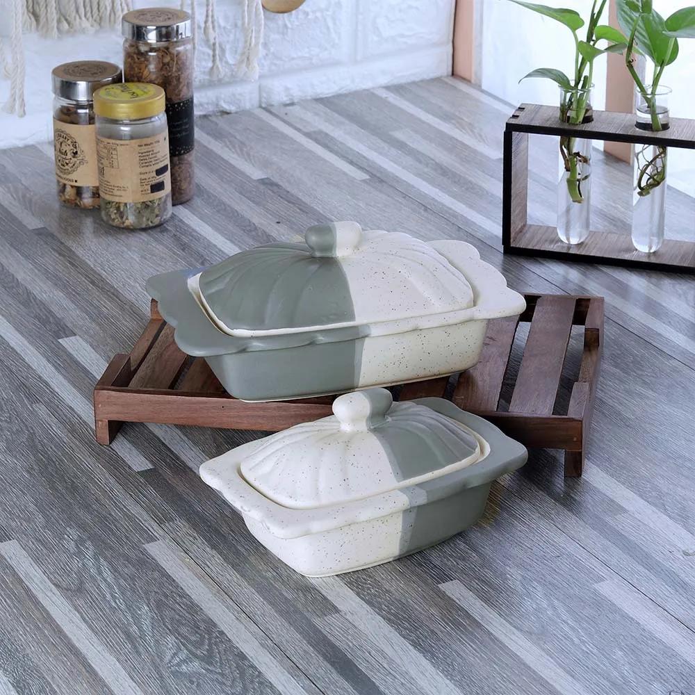 Set of 2 Dual Tonal Premium Grey & Off White Ceramic Serving Dish With Lid