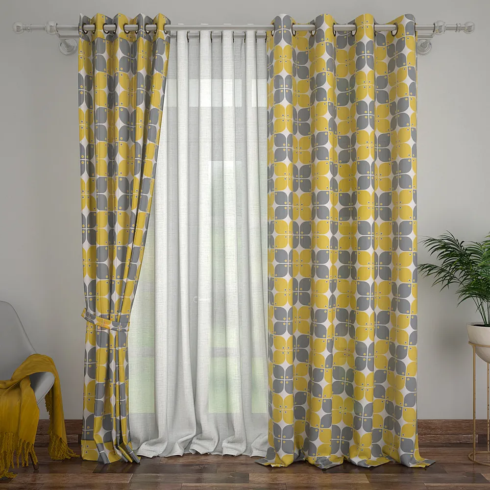 Set of 2 Grey & Yellow Floral Printed Eyelet Curtain- 260