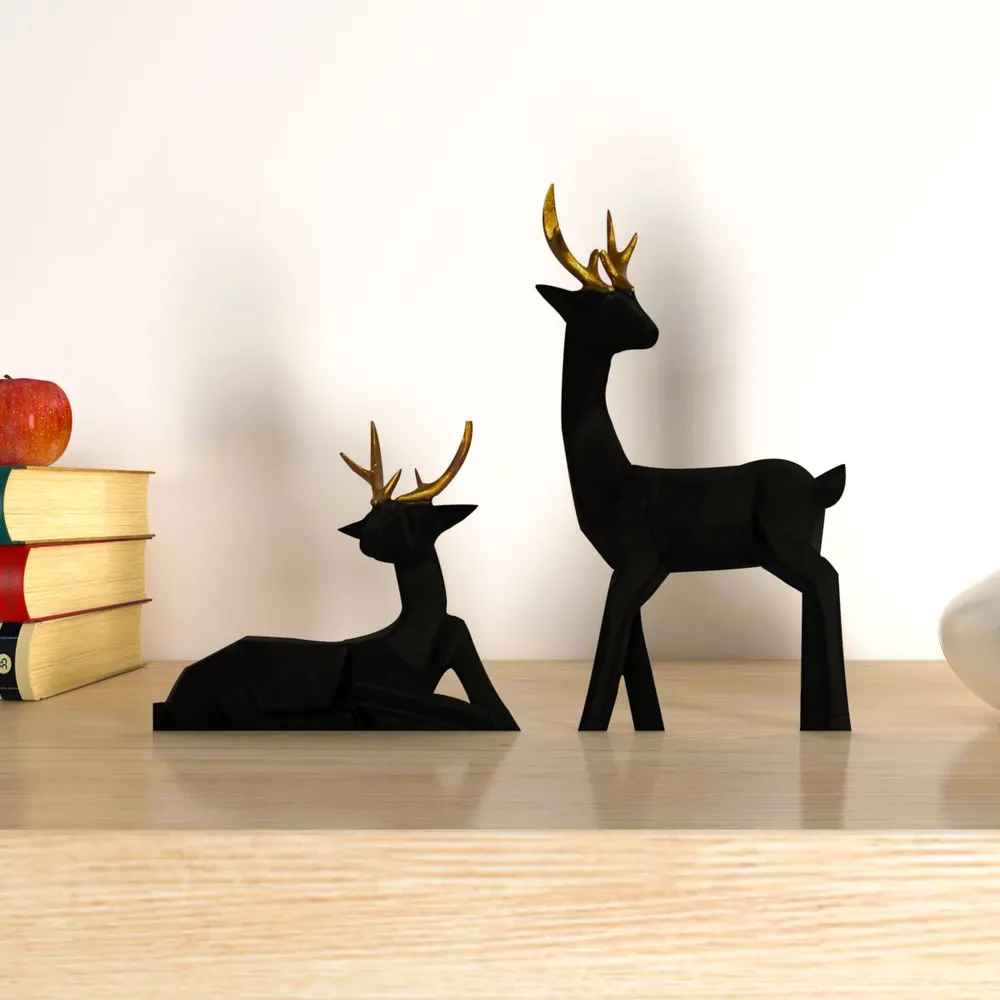 Set of 2 Luxe Black Modern Art Reindeer Figurine