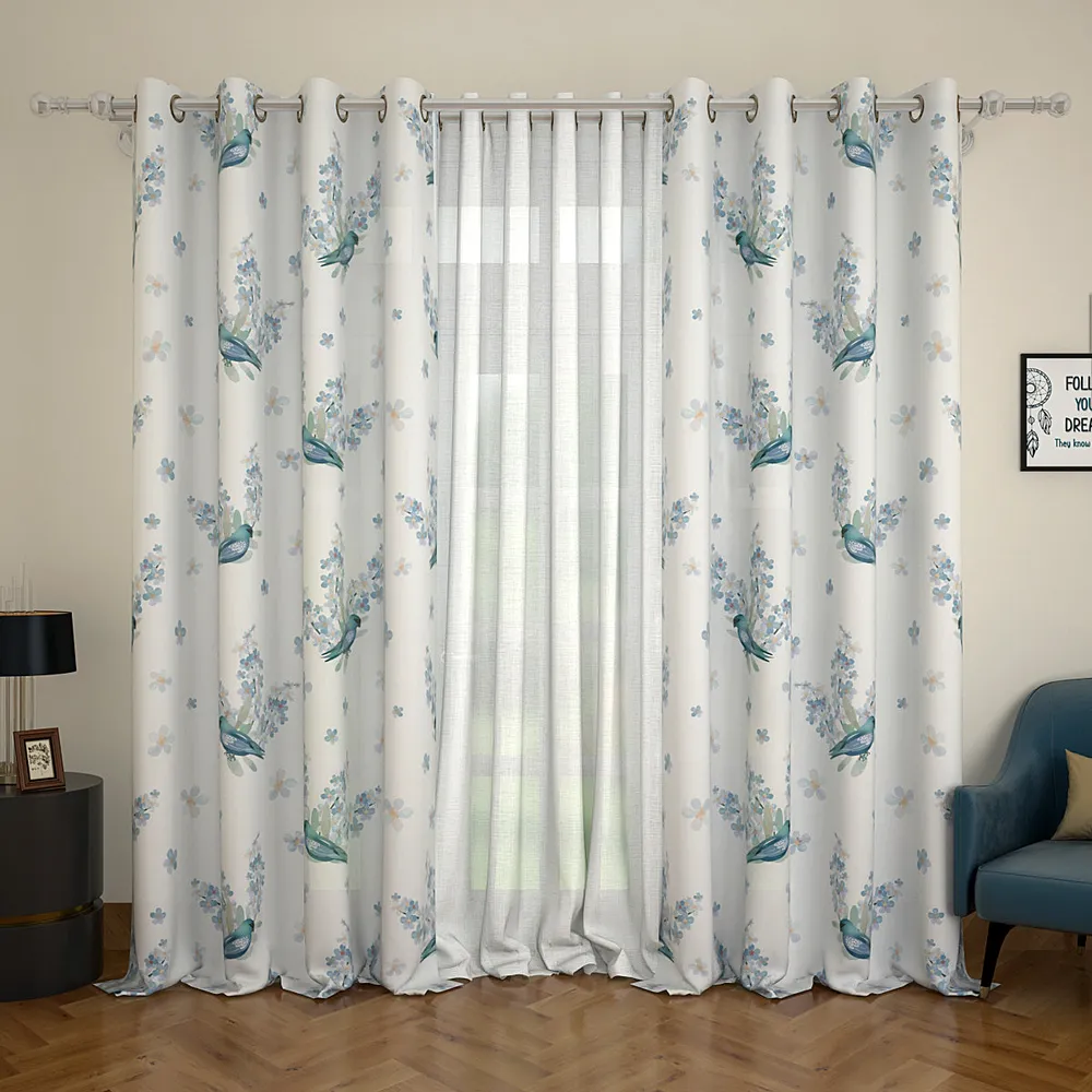 Set of 2 Modish Bird Motif Printed Eyelet Curtain- 260