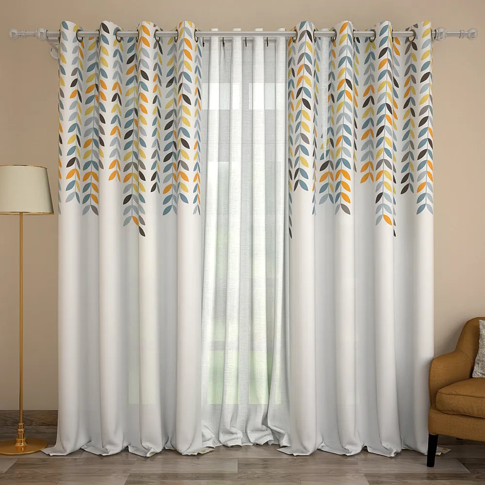 Set of 2 Multicolour Leaf Motif Printed Eyelet Curtain- 260