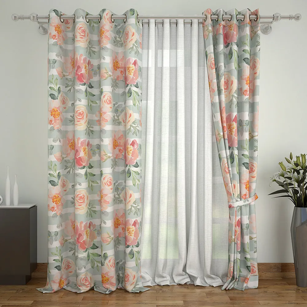 Set of 2 Peach Summer Floral Printed Eyelet Curtain- 260