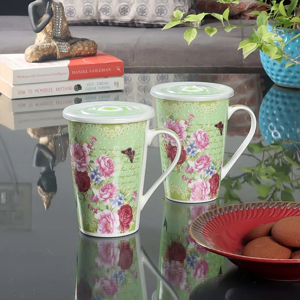 Set of 2 Pink & Green Rose Floral Printed Premium Ceramic Mug Set with Airtight Lid