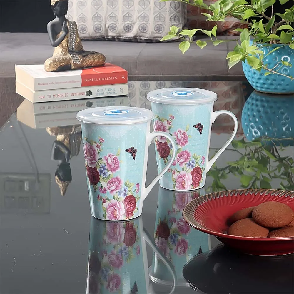 Set of 2 Pink & Turquoise Rose Floral Printed Premium Ceramic Mug Set with Airtight Lid