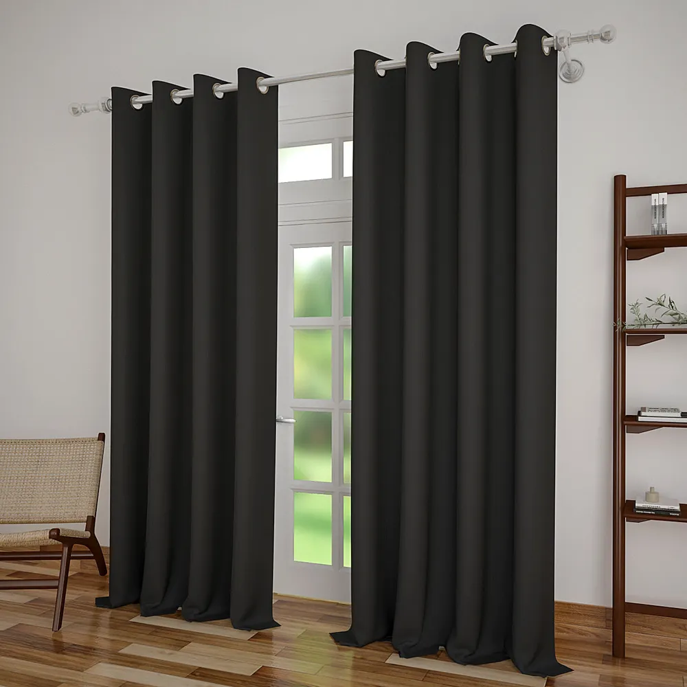 Set of 2 Premium Black Solid Colored Light Blocking Eyelet Blackout Curtain- 320 GSM