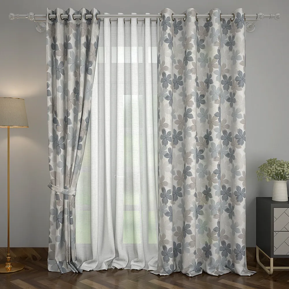 Set of 2 Pretty Grey Floral Printed Eyelet Curtain- 260