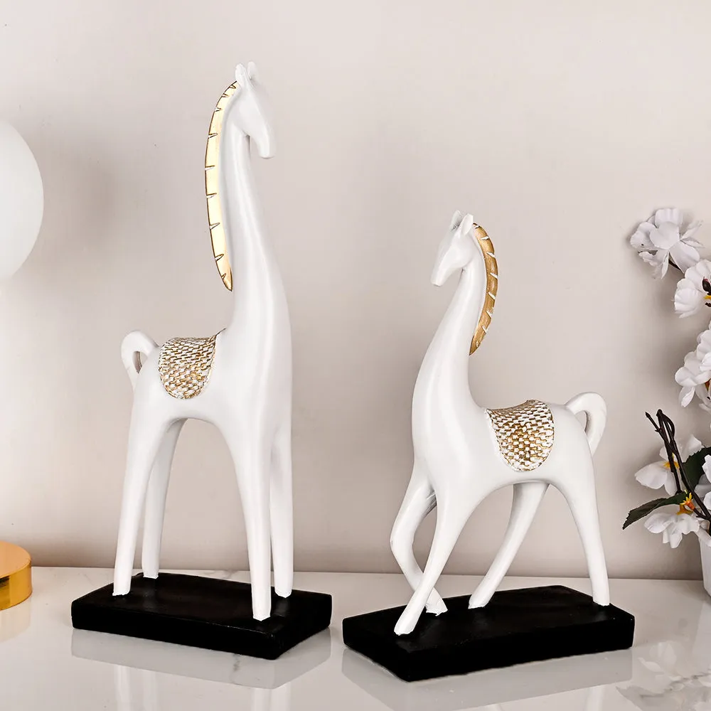 Set of 2 Serene White Horse Resin Showpieces with Gold Accents