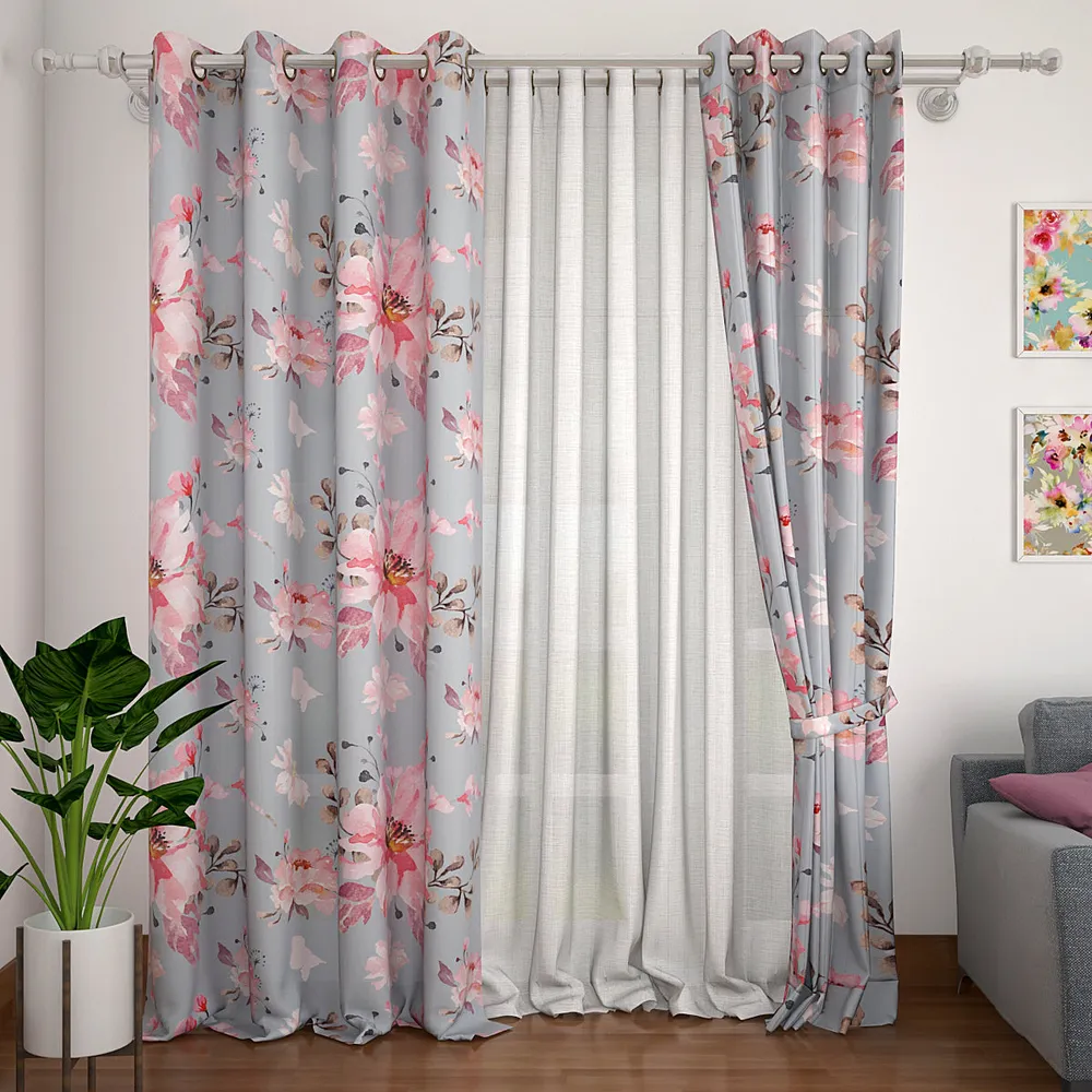 Set of 2 Summery Floral Printed Eyelet Curtain- 260