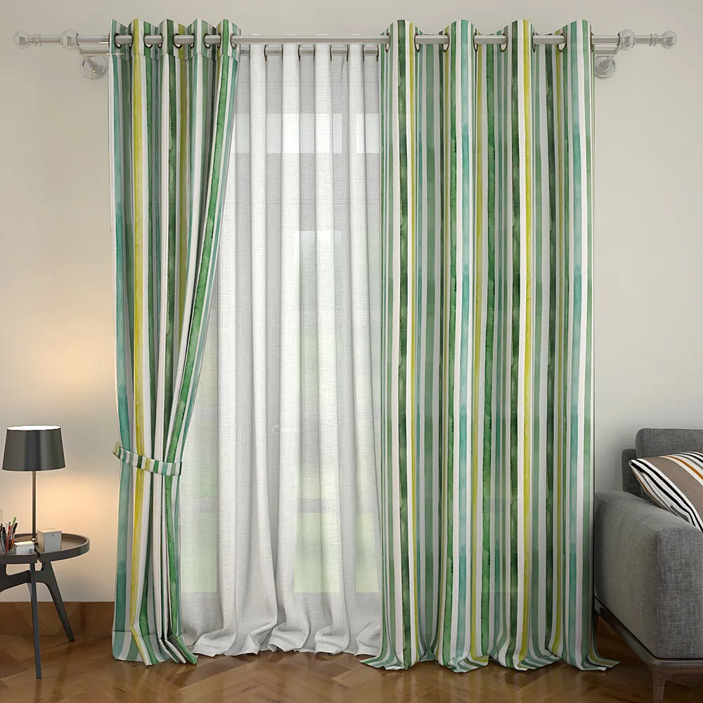 Set of 2 Watercolor Green Vertical Lines Printed Eyelet Curtain- 260
