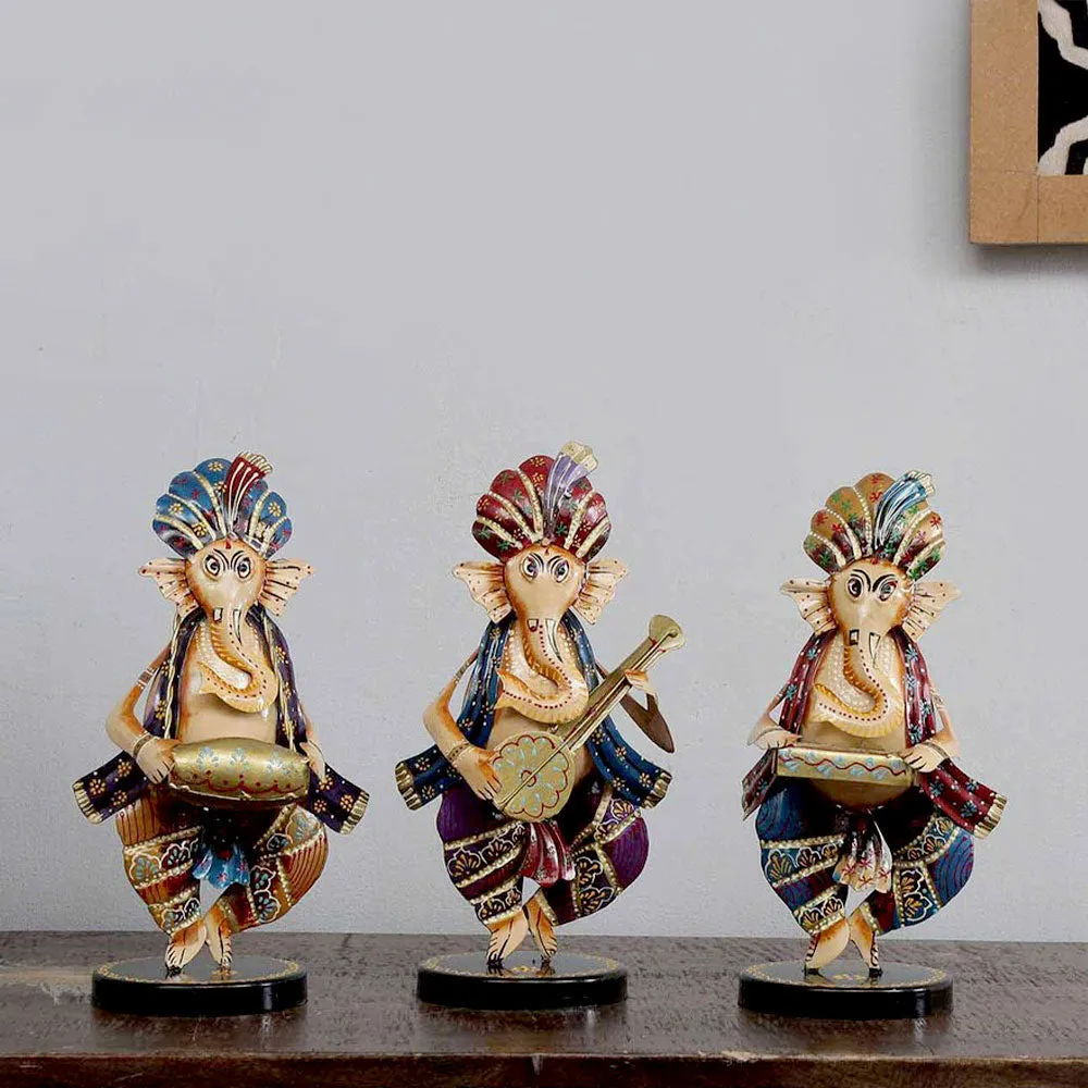 Set of 3 Artful Ganesha Playing Music Metal Figurines / Showpiece
