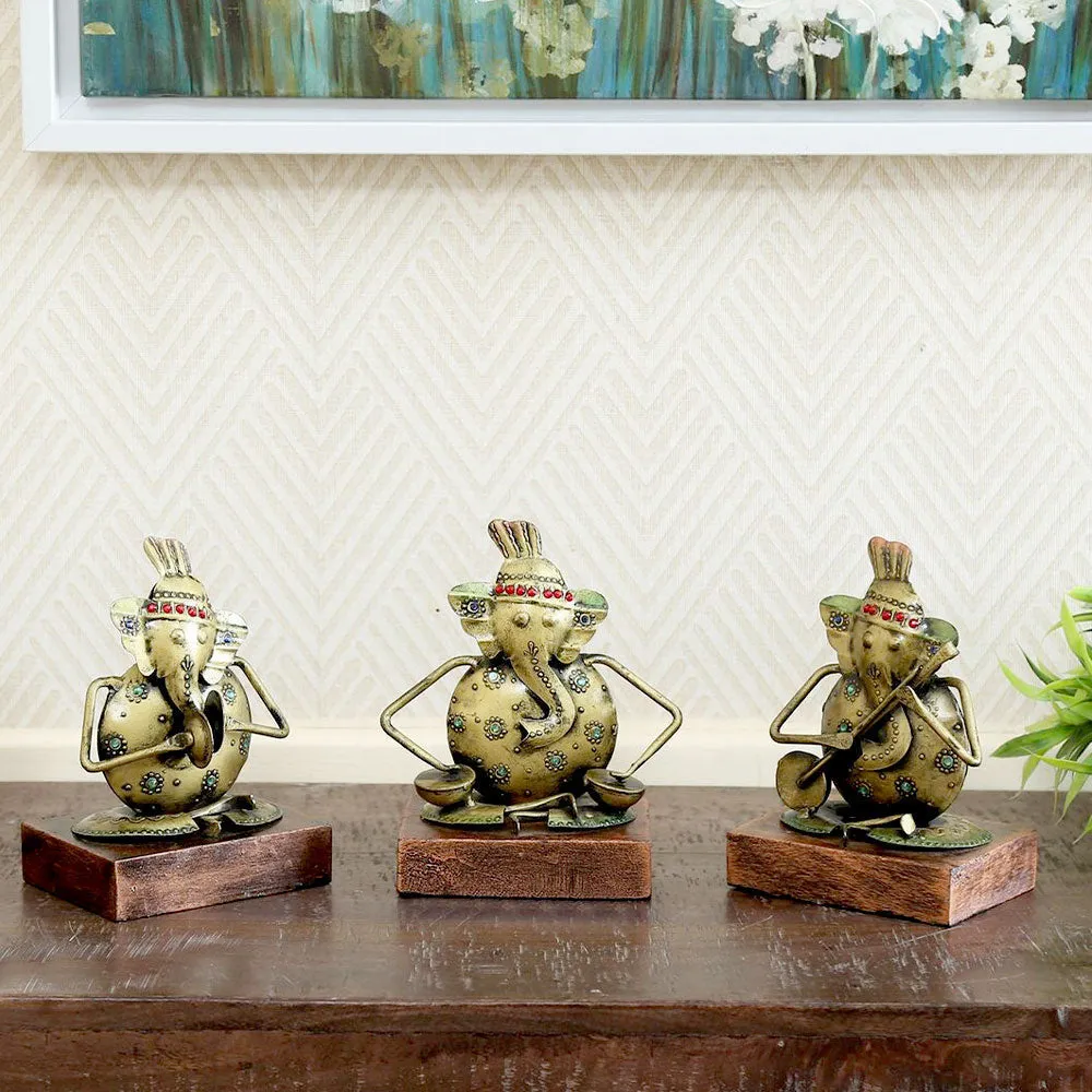 Set of 3 Ganesha Playing Music Metal Figurines / Showpiece