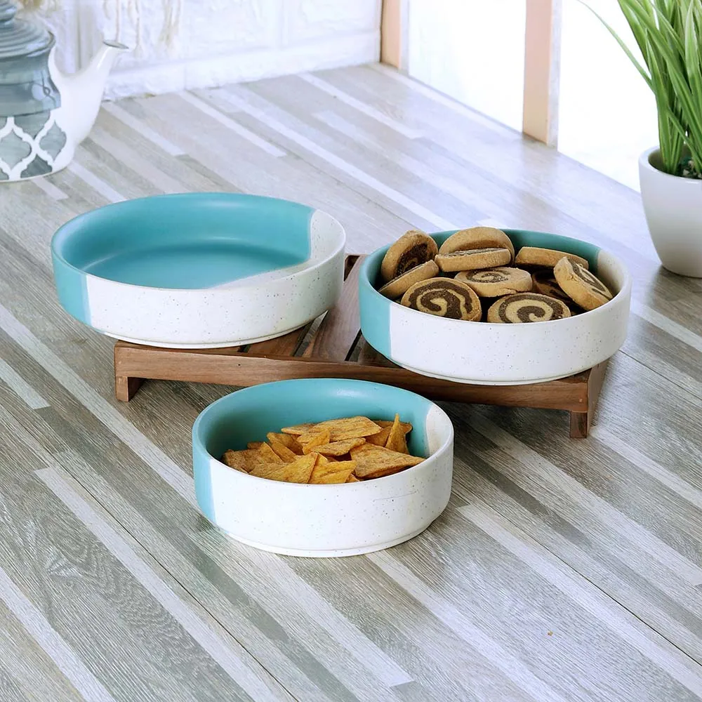 Set of 3 Gorgeous Dual Colored White & Blue Premium Ceramic Glossy Serving Bowl