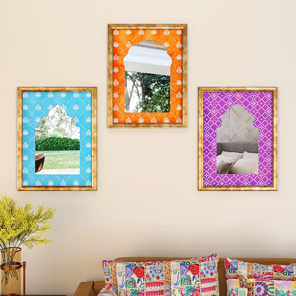 Set of 3 Indian Heritage Window Style Jharokha Mirror/ Decorative Wall Mirror- Multi-colored