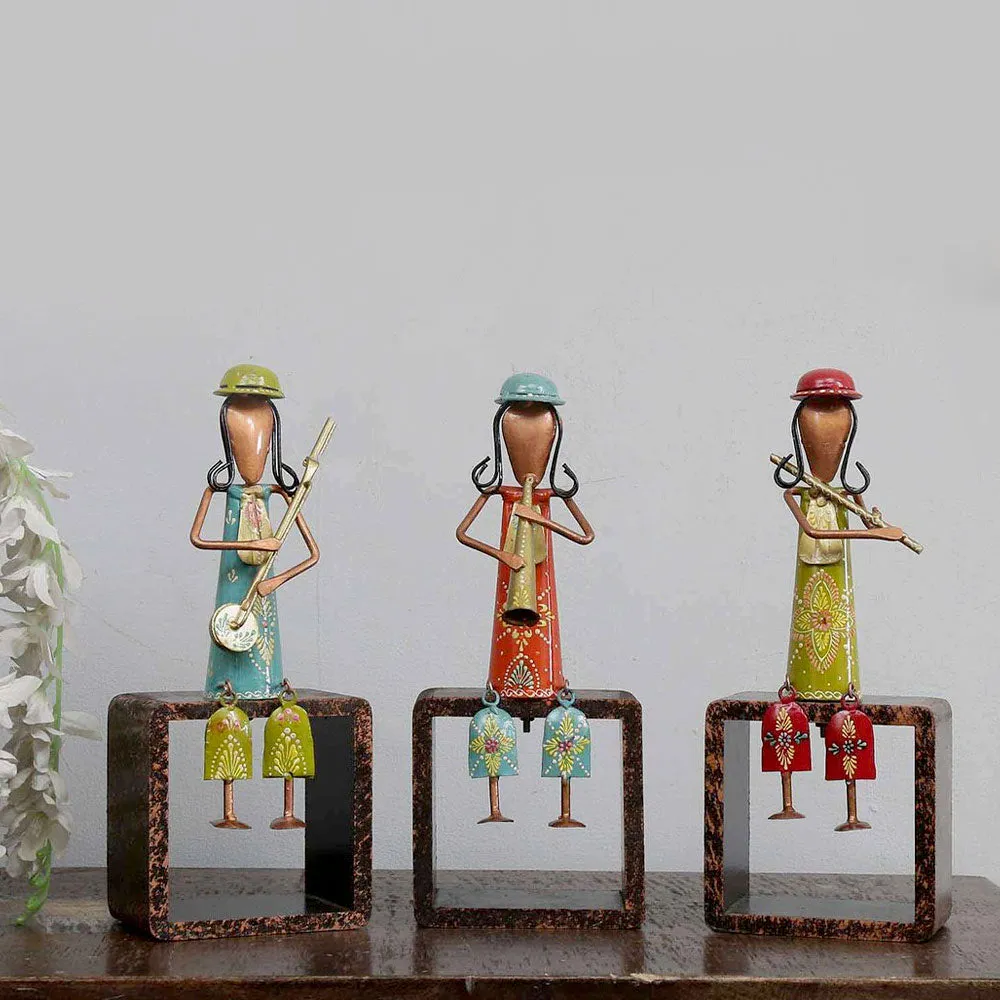 Set of 3 Wood & Metal Composed Lady Musicians Human Figurine / Showpiece