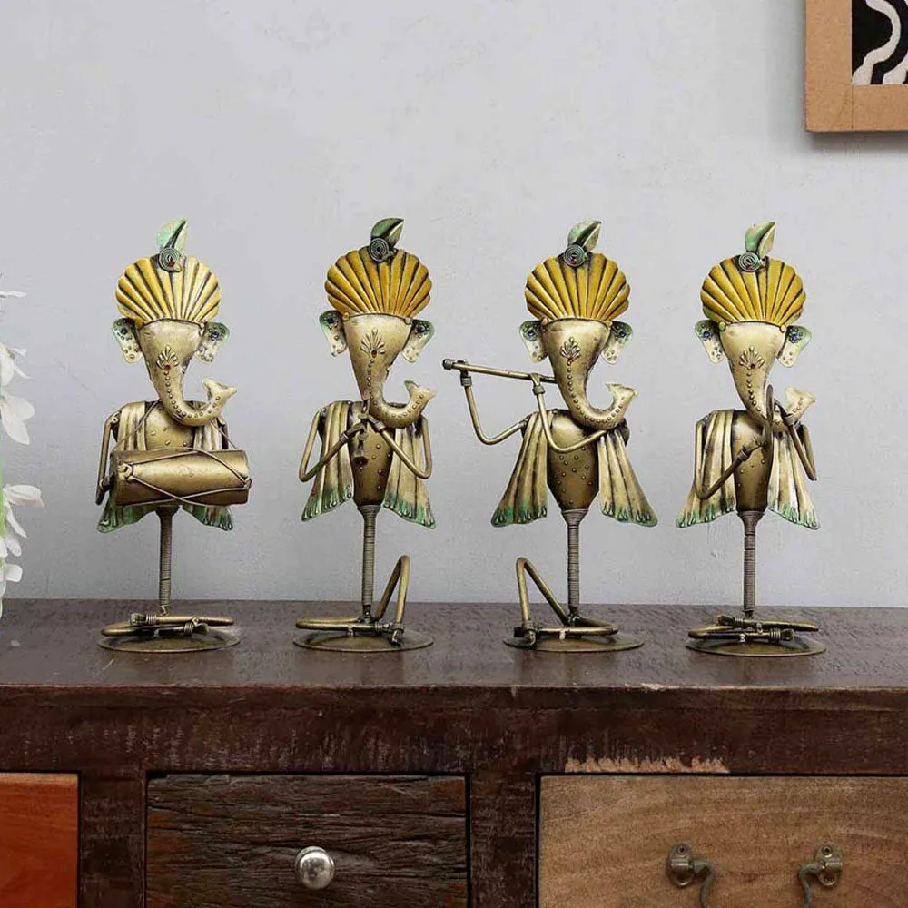 Set of 4 Ganesha Musicians Metal Table Accent Set / Showpiece