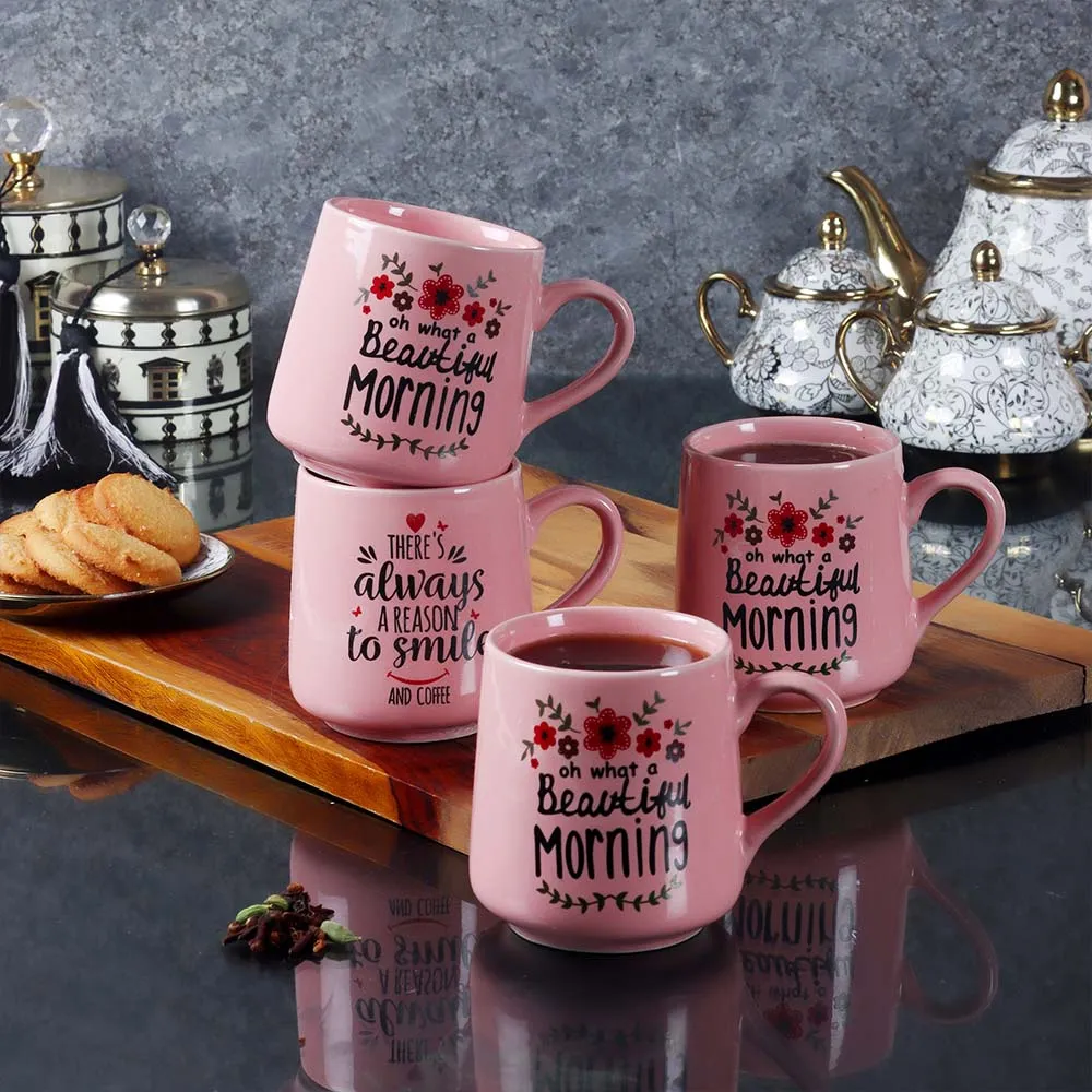 Set of 4 Quirky Pink Typographic Superior-quality Ceramic Glossy Mug Set