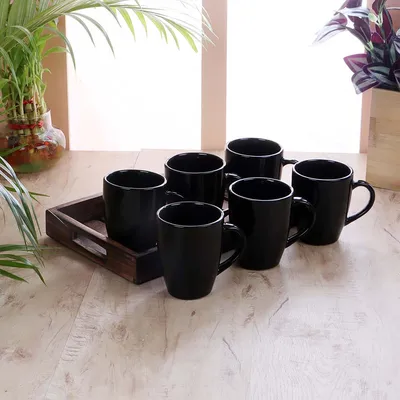 Set of 6 Classic Black Solid Colored Tapered Premium Ceramic Coffee Mug Set