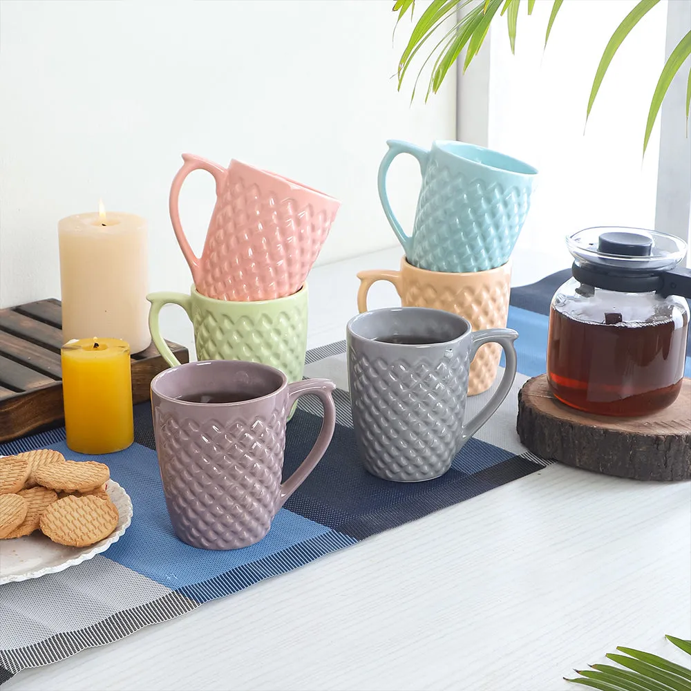 Set of 6 Criss-Cross Textured Design Pastel colored High-quality Tea/Coffee/Milk Mug Set