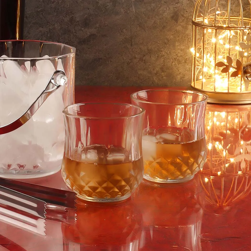 Set of 8 Criss-cross Design Premium Ice Bucket With Handle And 6 Pieces 300 ml Whisky Glass Set and a Tong