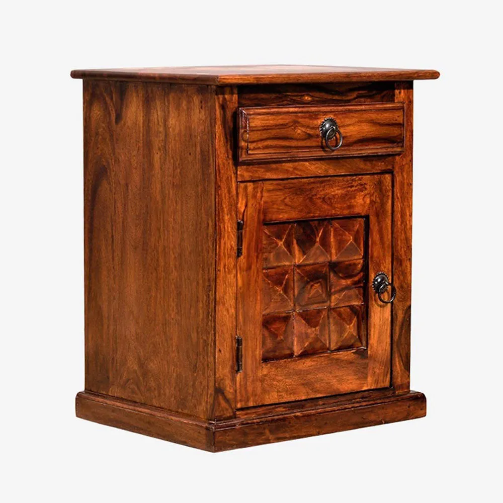 Sheesham Wood Diamond Cut Storage Bedside Table
