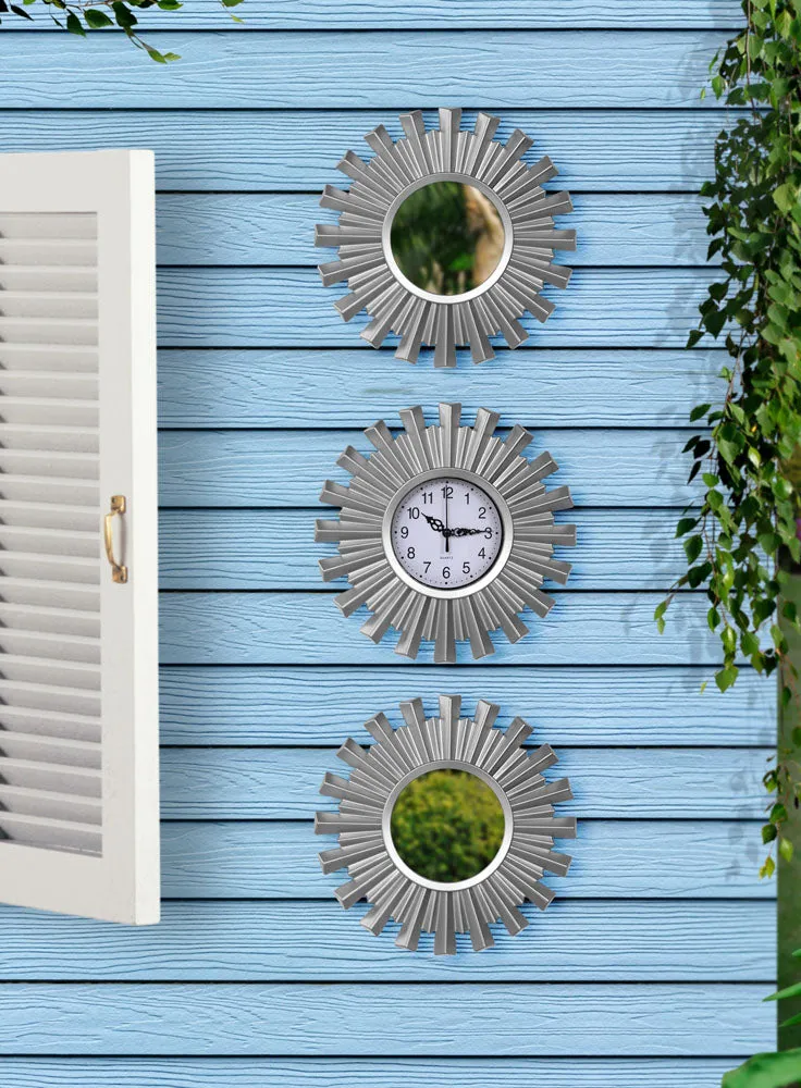 Silver Rods Designer Wall Clock & Mirror Set Of 3
