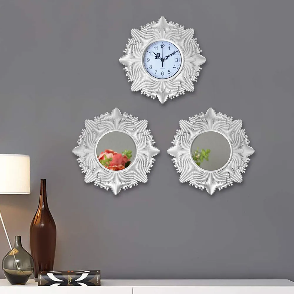 Silver Touch Fantasy Flowers Wall Clock & Mirror Set Of 3