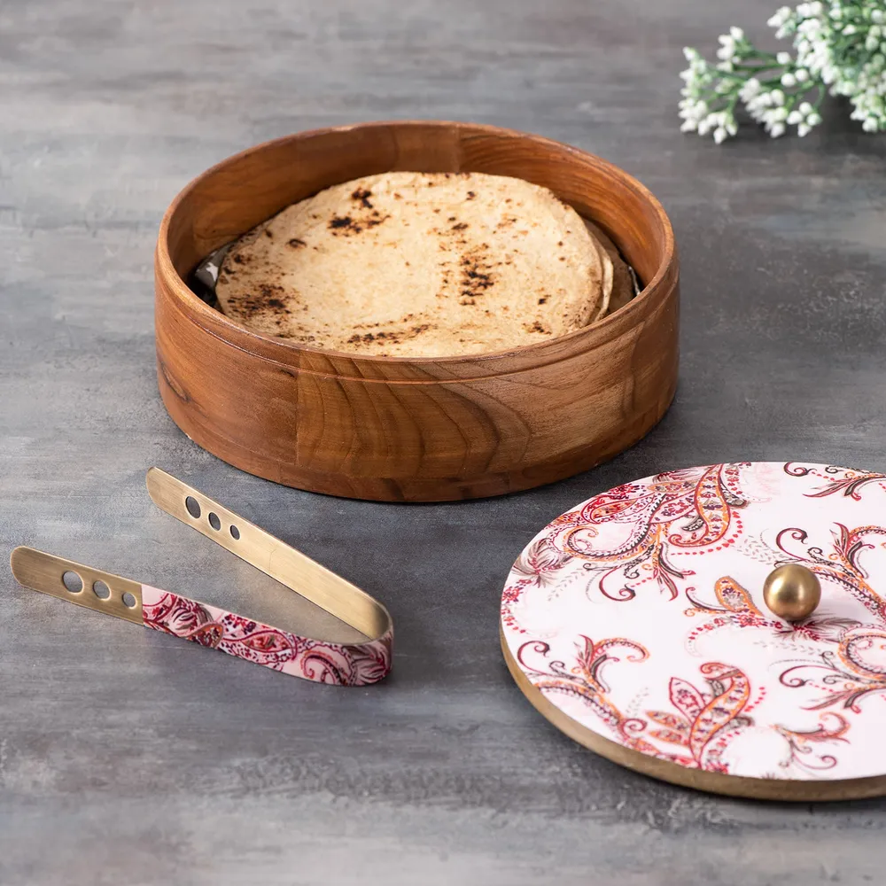 Silver Wooden Laser Etched Enamel Casserole/Chapatti Box With Tong